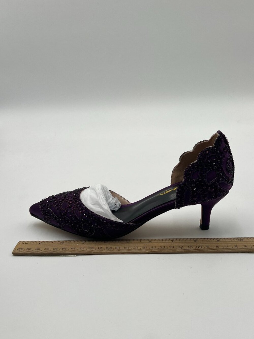 XYD Dark Purple Pumps Pointy Toe D'Orsay Heels Rhinestone Kitten Low Heel Shoes